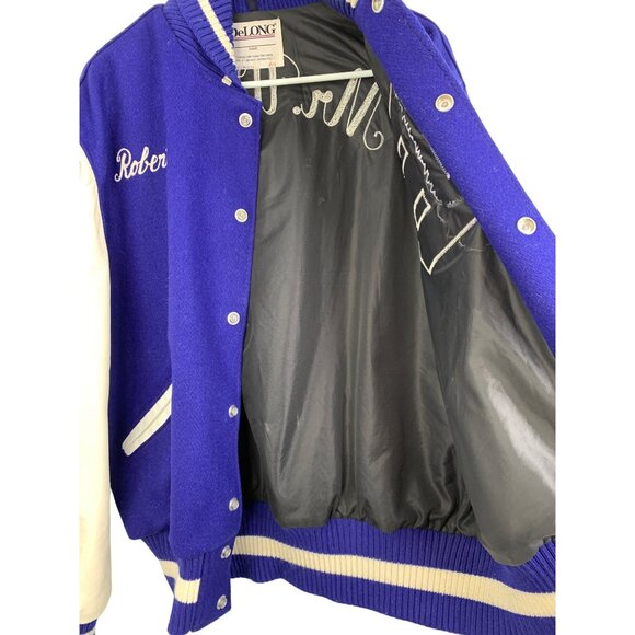 Vintage 90s DeLONG Mens Varsity Letterman Jacket Mr Warren Wool Leather M/L Blue - Picture 5 of 10